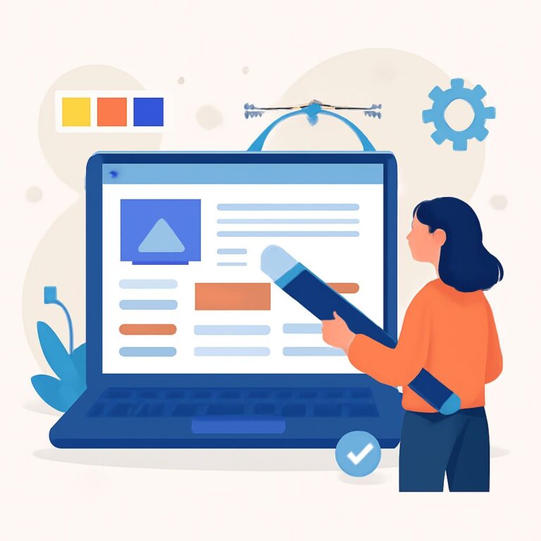 A woman in an orange shirt uses a large blue pencil to design a webpage on a laptop, surrounded by color palettes and to