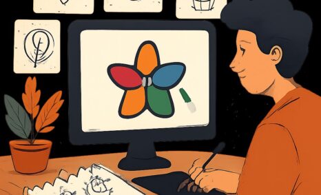 A person sketches logo designs on a tablet, with colorful concepts displayed on a computer screen and sketches nearby.