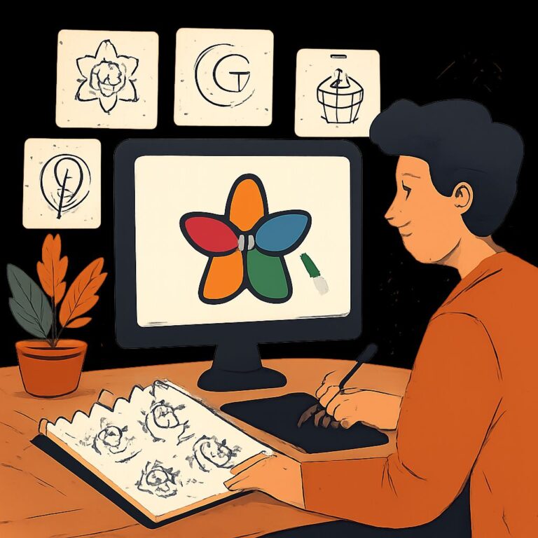 A person sketches logo designs on a tablet, with colorful concepts displayed on a computer screen and sketches nearby.