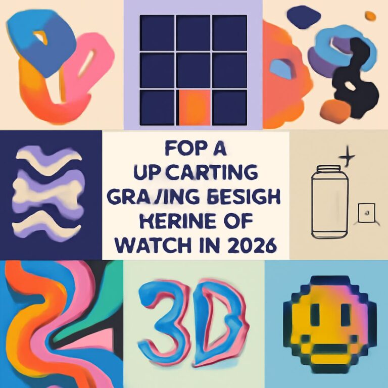 Colorful abstract shapes and designs with text highlighting upcoming graphic design trends for 2026.