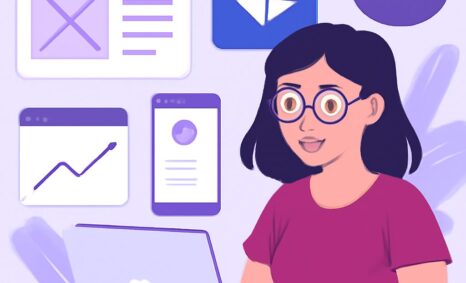 A woman with glasses smiles while working on a laptop, surrounded by various UI design elements in purple tones.