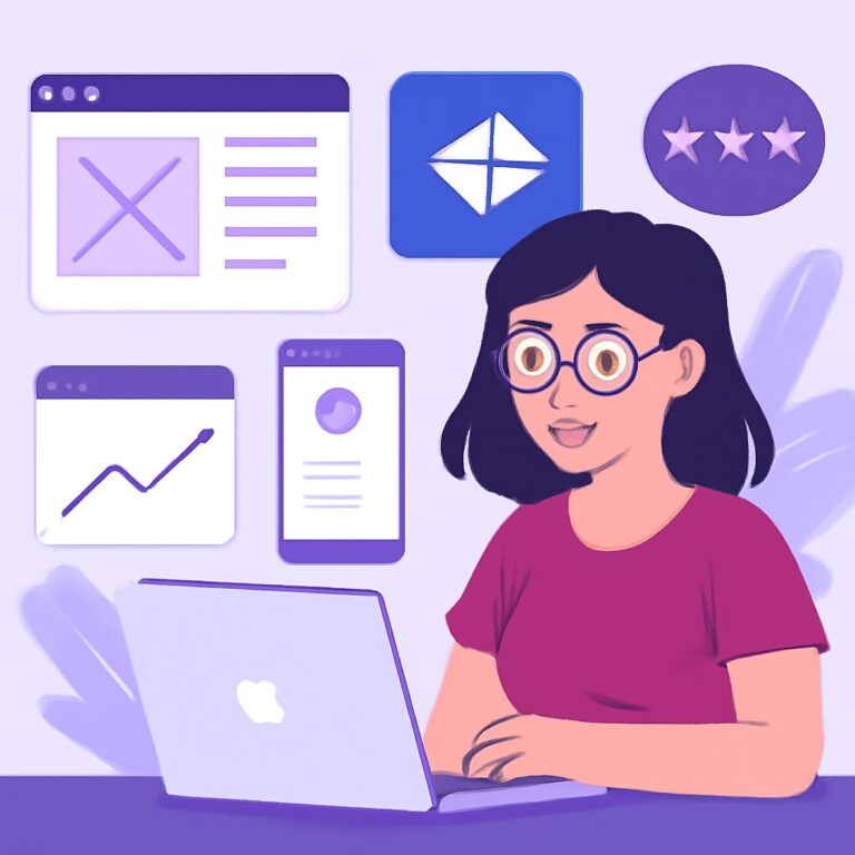 A woman with glasses smiles while working on a laptop, surrounded by various UI design elements in purple tones.