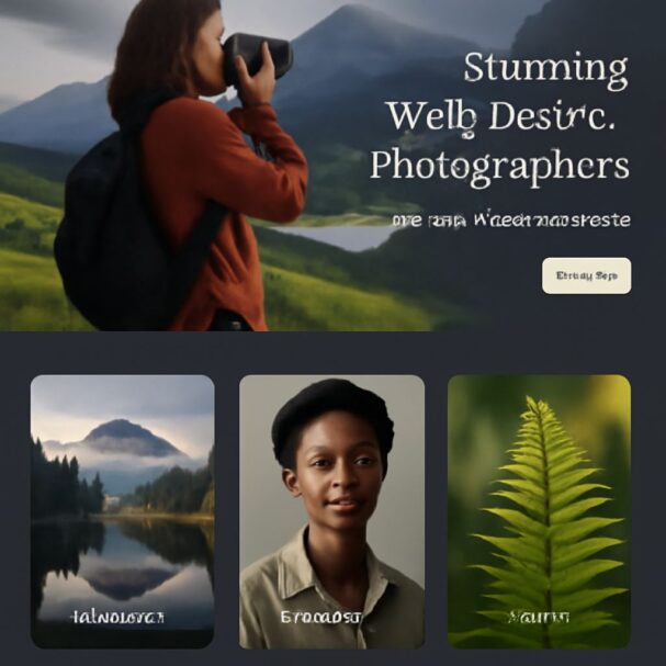 A woman in a brown sweater holds a camera, overlooking a lush green landscape with mountains in the background.