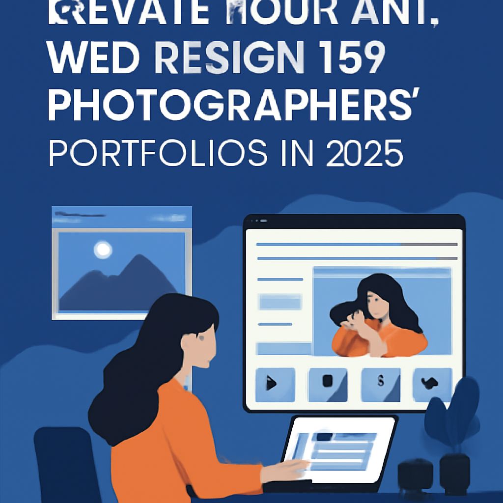 A woman in an orange sweater works at a desk, viewing a photography portfolio on a laptop and a larger screen.