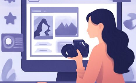 A woman with long hair holds a camera while working on a computer displaying a photo gallery and design elements.