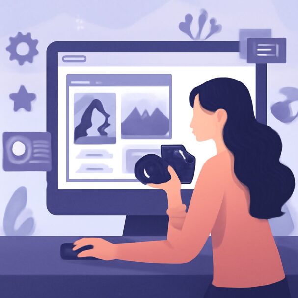 A woman with long hair holds a camera while working on a computer displaying a photo gallery and design elements.