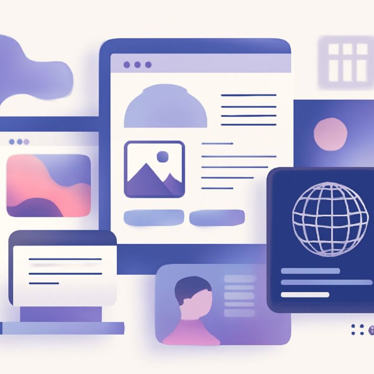 A collage of digital screens displaying various website designs in soft purple and pink hues, featuring images and text.