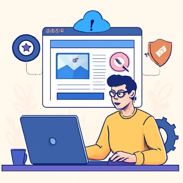 A person in a yellow sweater works on a laptop, analyzing a website maintenance guide with security icons above.