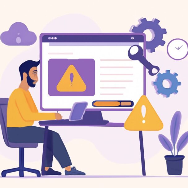 A man in a yellow shirt works on a laptop, focused on a computer screen displaying warning symbols and gears.