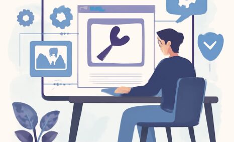 A person sits at a desk using a computer, viewing website maintenance tips with icons of tools and settings around them.