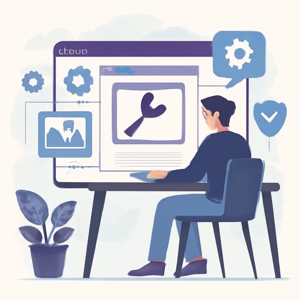 A person sits at a desk using a computer, viewing website maintenance tips with icons of tools and settings around them.