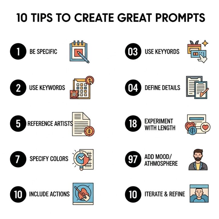 Ten tips for effective writing, featuring icons and numbered items emphasizing specificity, keywords, and detail.
