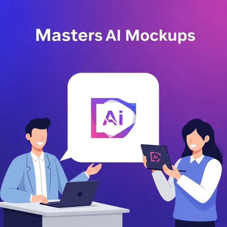 Two professionals, one holding a laptop and the other gesturing, display a colorful logo featuring "Ai" against a gradie