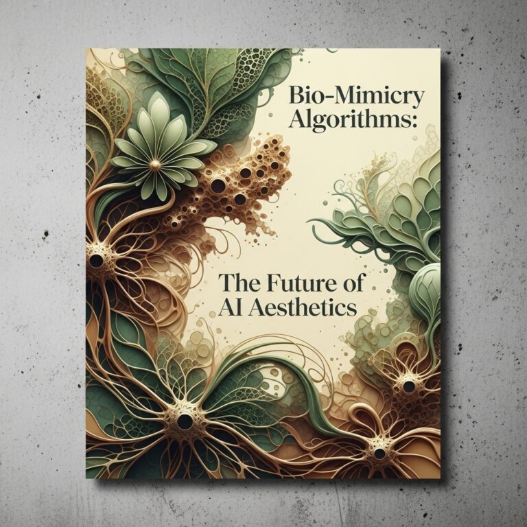 Intricate abstract design featuring green and beige floral patterns with the text "Algorithms: The Future of AI Aestheti
